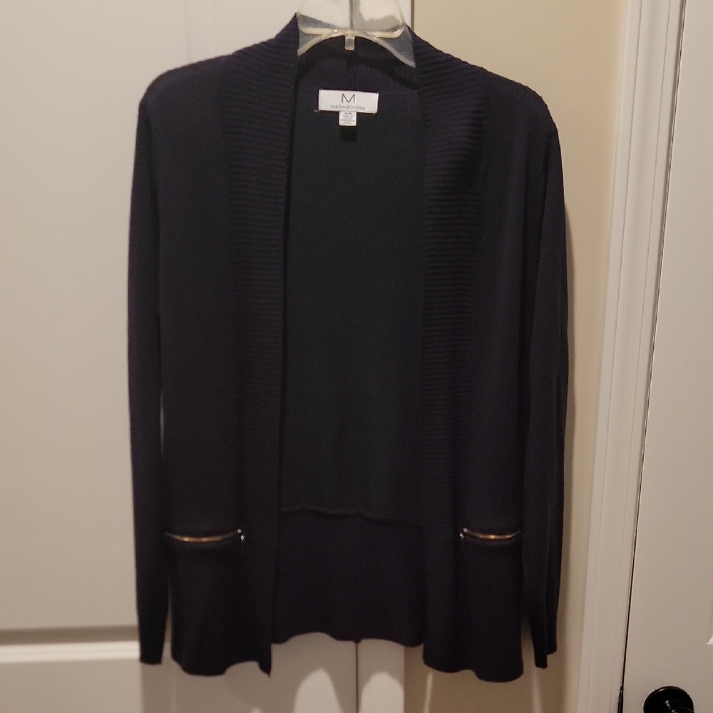 M Magaschoni Navy Blue Cardigan with Gold Zipper Pockets Quiet Luxury